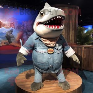 Gray Megalodon mascot costume character dressed with a Denim Shorts and Shawl pins