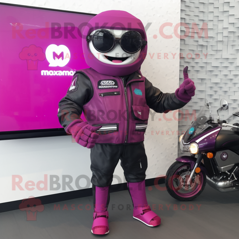 Magenta Moussaka mascot costume character dressed with a Biker Jacket and Digital watches