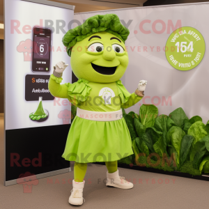 Lime Green Caesar Salad mascot costume character dressed with a A-Line Skirt and Smartwatches