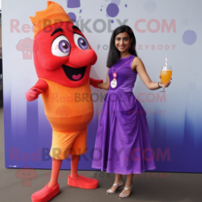 Purple Tikka Masala mascot costume character dressed with a Cocktail Dress and Anklets