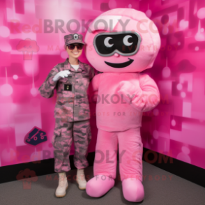 Pink Army Soldier mascot costume character dressed with a Jumpsuit and Hair clips