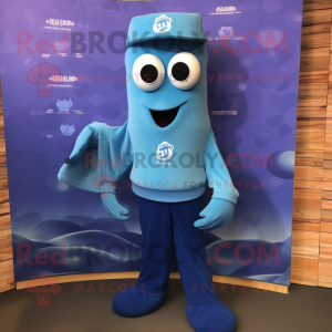 Blue Squid mascot costume character dressed with a Polo Tee and Lapel pins