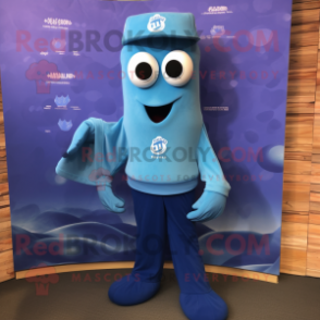 Blue Squid mascot costume character dressed with a Polo Tee and Lapel pins