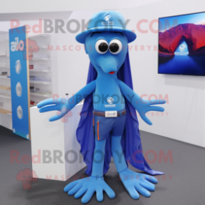 Blue Squid mascot costume character dressed with a Polo Tee and Lapel pins