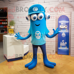 Blue Squid mascot costume character dressed with a Polo Tee and Lapel pins