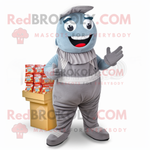 Gray Candy Box mascot costume character dressed with a Dungarees and Tie pins