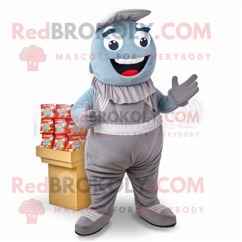 Gray Candy Box mascot costume character dressed with a Dungarees and Tie pins