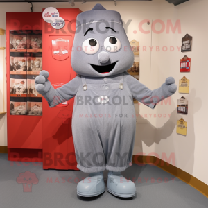 Gray Candy Box mascot costume character dressed with a Dungarees and Tie pins