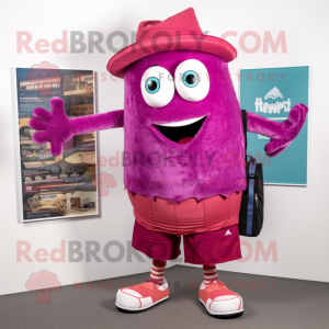 Magenta Enchiladas mascot costume character dressed with a Trousers and Backpacks
