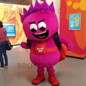 Magenta Enchiladas mascot costume character dressed with a Trousers and Backpacks