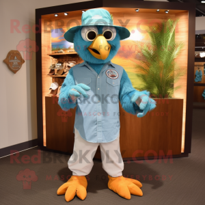 Turquoise Eagle mascot costume character dressed with a Chambray Shirt and Watches