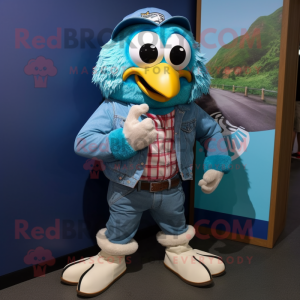 Turquoise Eagle mascot costume character dressed with a Chambray Shirt and Watches