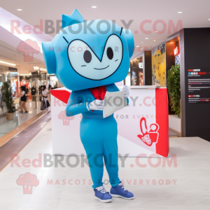 Sky Blue Love Letter mascot costume character dressed with a Jeggings and Cummerbunds