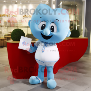 Sky Blue Love Letter mascot costume character dressed with a Jeggings and Cummerbunds
