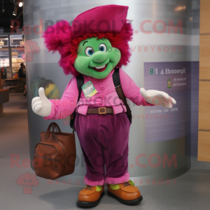 Magenta Leprechaun mascot costume character dressed with a Mom Jeans and Coin purses