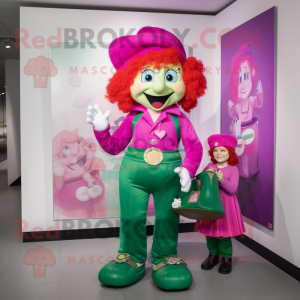 Magenta Leprechaun mascot costume character dressed with a Mom Jeans and Coin purses