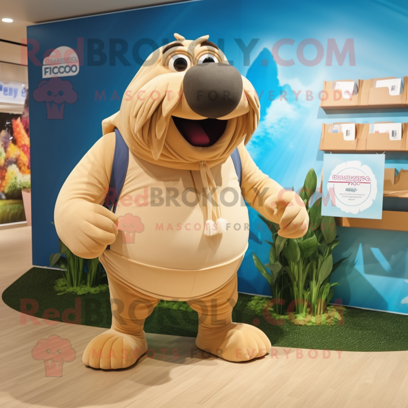 Beige Walrus mascot costume character dressed with a Running Shorts and Handbags