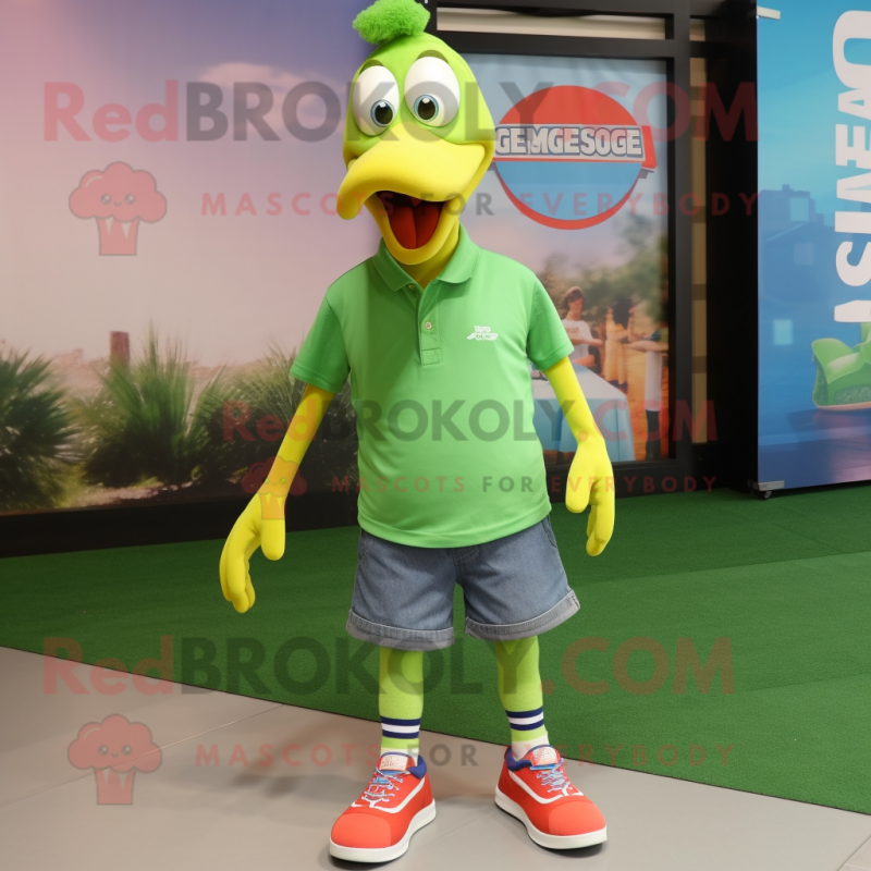 Lime Green Geese mascot costume character dressed with a Denim Shorts and Shoe clips