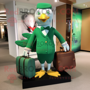 Green Gull mascot costume character dressed with a Culottes and Briefcases