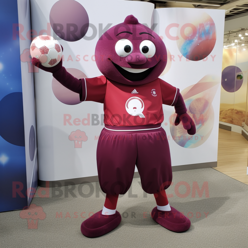 Maroon Juggle mascot costume character dressed with a Rash Guard and Anklets