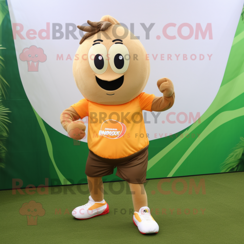 Tan Mango mascot costume character dressed with a Running Shorts and Hair clips