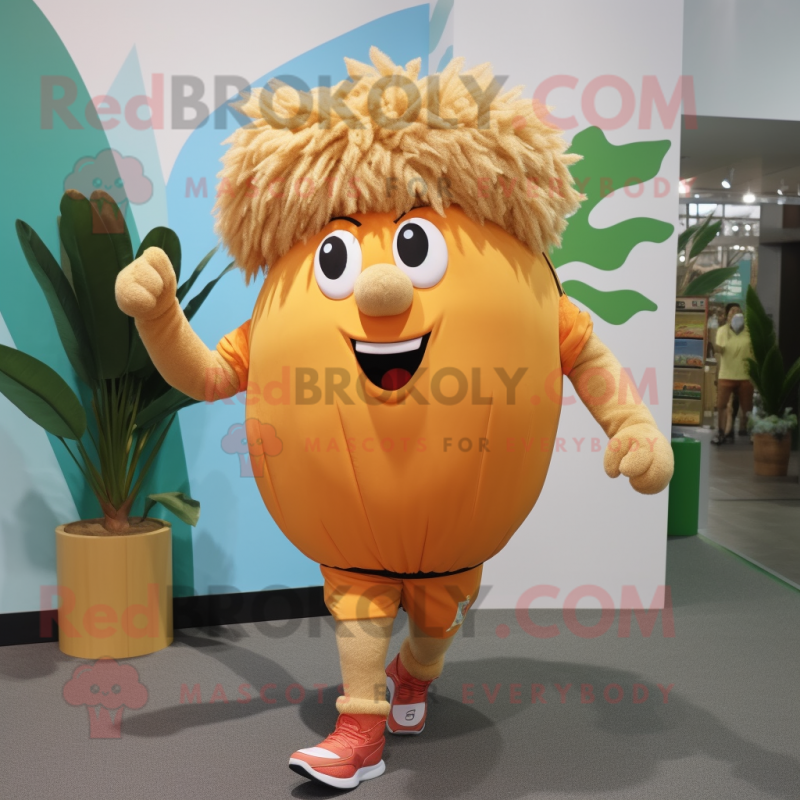 Tan Mango mascot costume character dressed with a Running Shorts and Hair clips