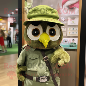 Olive Owl mascot costume character dressed with a Button-Up Shirt and Berets