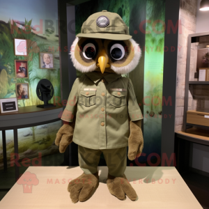 Olive Owl mascot costume character dressed with a Button-Up Shirt and Berets