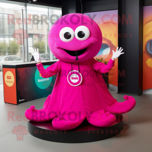 Magenta Fried Calamari mascot costume character dressed with a Circle Skirt and Berets