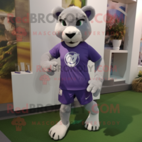 Lavender Mountain Lion mascot costume character dressed with a Running Shorts and Keychains