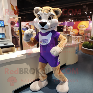 Lavender Mountain Lion mascot costume character dressed with a Running Shorts and Keychains