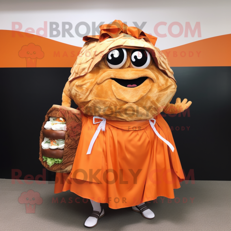Orange Pulled Pork Sandwich mascot costume character dressed with a Wrap Skirt and Handbags