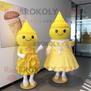 Lemon Yellow Ice Cream Cone mascot costume character dressed with a A-Line Dress and Brooches