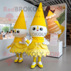 Lemon Yellow Ice Cream Cone mascot costume character dressed with a A-Line Dress and Brooches