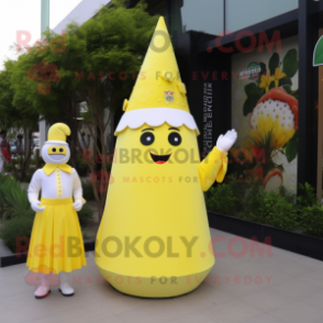 Lemon Yellow Ice Cream Cone mascot costume character dressed with a A-Line Dress and Brooches