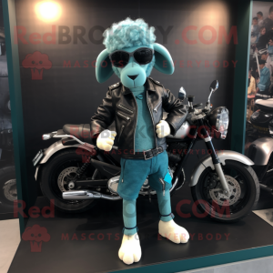 Teal Merino Sheep mascot costume character dressed with a Biker Jacket and Coin purses