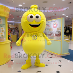 Lemon Yellow Candy Box mascot costume character dressed with a Shorts and Rings