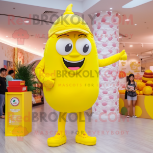 Lemon Yellow Candy Box mascot costume character dressed with a Shorts and Rings