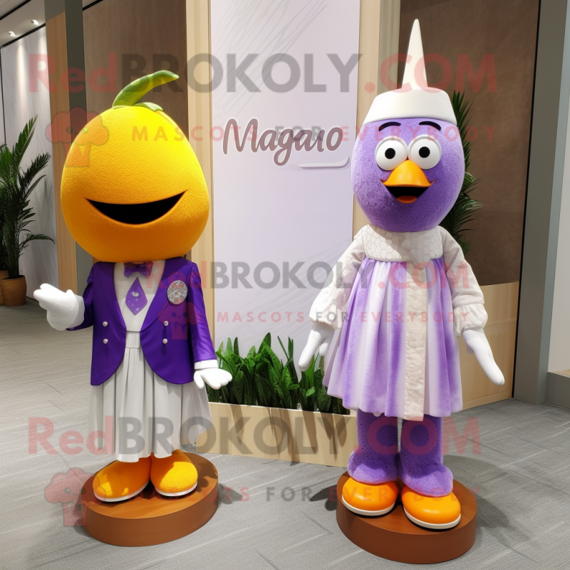 Lavender Mango mascot costume character dressed with a Maxi Dress and Cufflinks