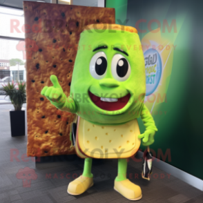 Lime Green Grilled Cheese Sandwich mascot costume character dressed with a Coat and Watches