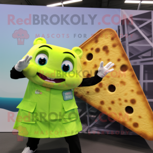 Lime Green Grilled Cheese Sandwich mascot costume character dressed with a Coat and Watches