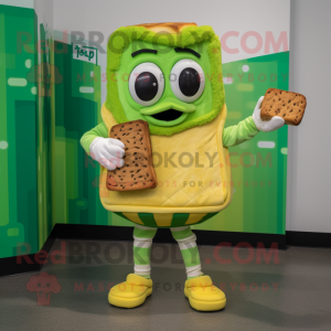 Lime Green Grilled Cheese Sandwich mascot costume character dressed with a Coat and Watches
