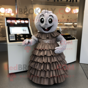 Gray Chocolates mascot costume character dressed with a Maxi Skirt and Bracelet watches