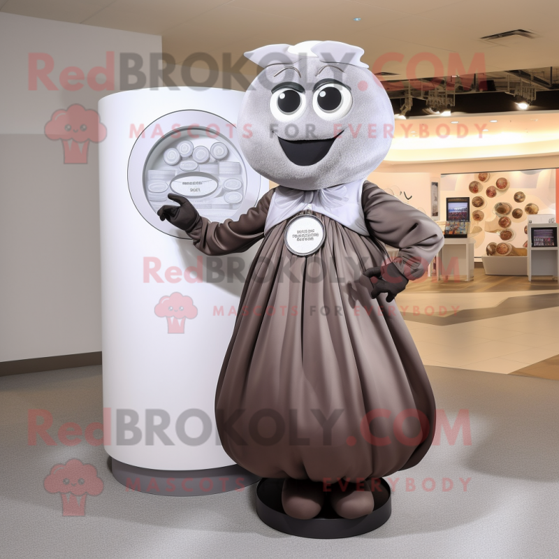 Gray Chocolates mascot costume character dressed with a Maxi Skirt and Bracelet watches