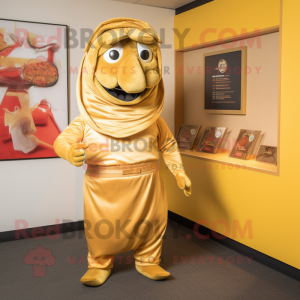 Gold Fajitas mascot costume character dressed with a Jumpsuit and Wraps