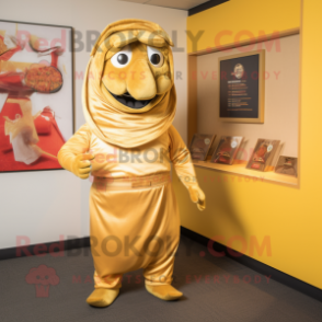 Gold Fajitas mascot costume character dressed with a Jumpsuit and Wraps