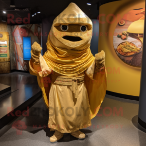 Gold Fajitas mascot costume character dressed with a Jumpsuit and Wraps