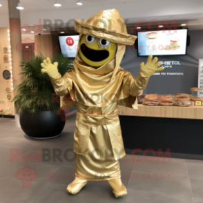 Gold Fajitas mascot costume character dressed with a Jumpsuit and Wraps