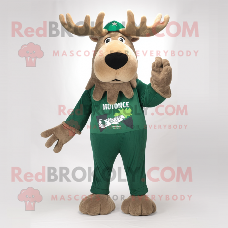 Forest Green Moose mascot costume character dressed with a Board Shorts and Mittens