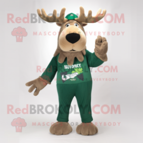 Forest Green Moose mascot costume character dressed with a Board Shorts and Mittens